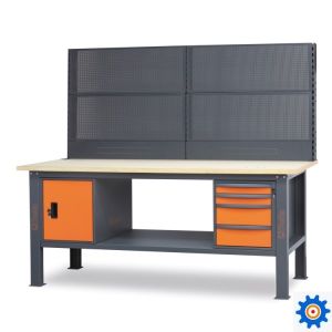 Werkbank, 2,1 m lang, met houten blad, 4 laden en deurmodule